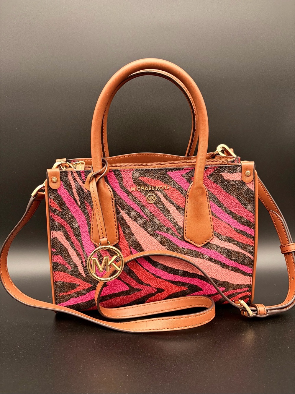 Michael Kors Maple Small Leather Satchel Handbag Purse in Pink Zebra Print